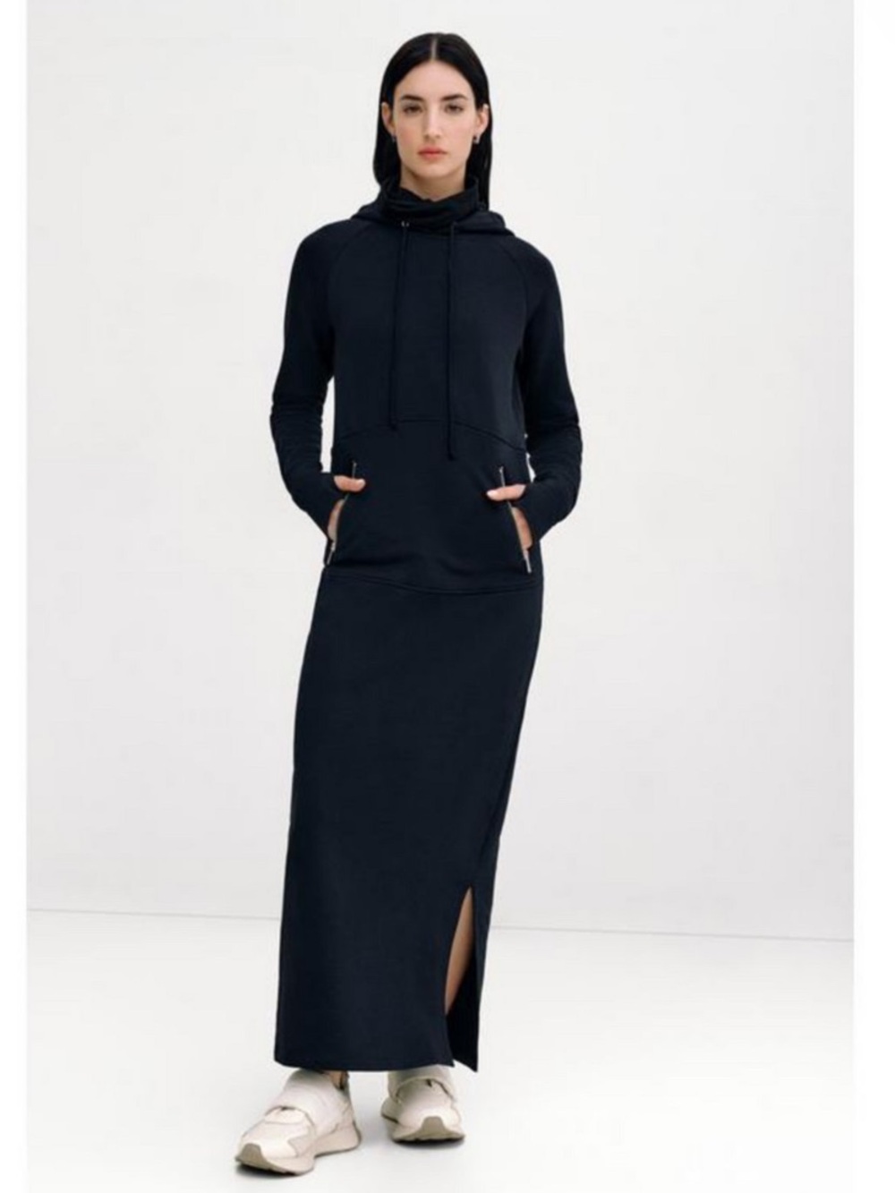 Marcella Black Elba Hooded Side-Slit Ankle-Length Sweatshirt Dress With Pockets